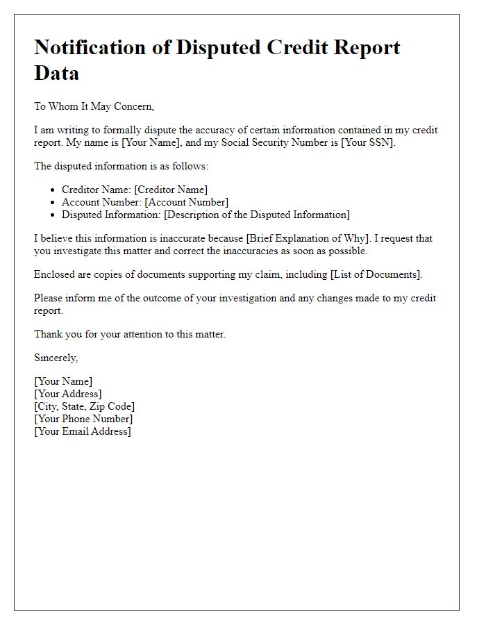 Letter template of notification for disputed credit report data