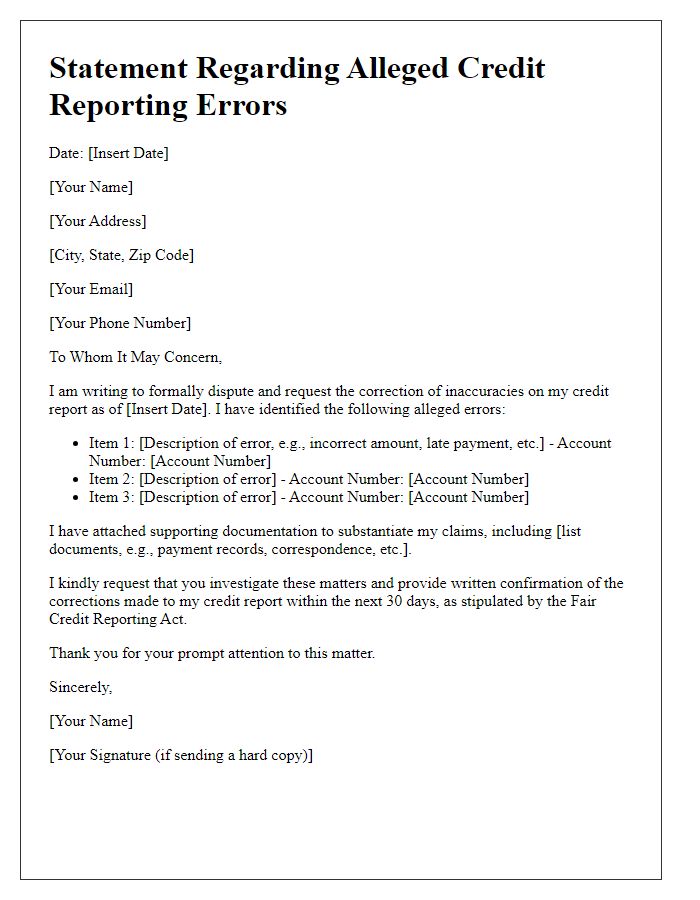 Letter template of statement for alleged credit reporting errors