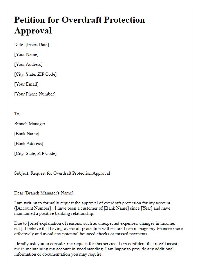 Letter template of petition for overdraft protection approval.