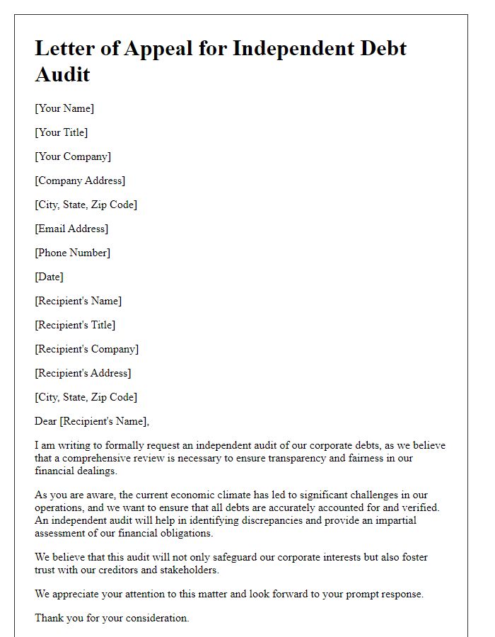 Letter template of appeal for an independent debt audit for corporate debts.