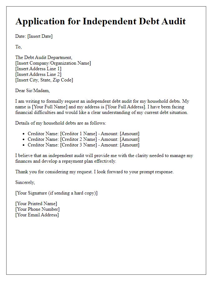 Letter template of application for an independent debt audit for household debts.