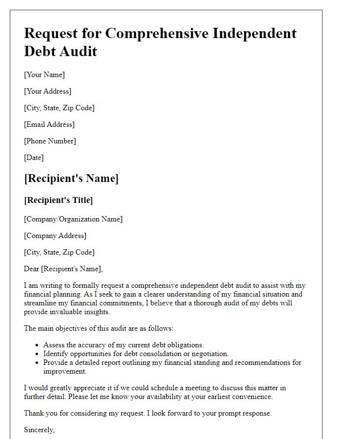 Letter template of request for a comprehensive independent debt audit for financial planning.