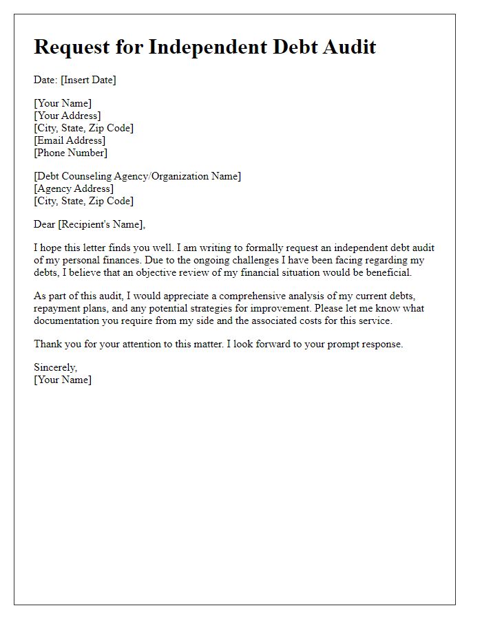 Letter template of request for an independent debt audit for personal finances.