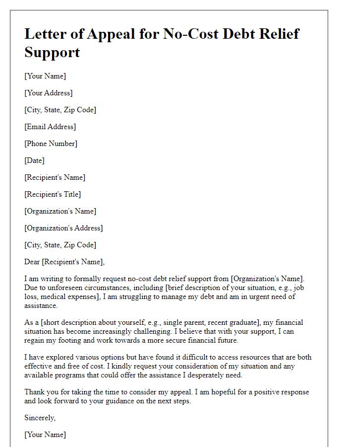 Letter template of appeal for no-cost debt relief support