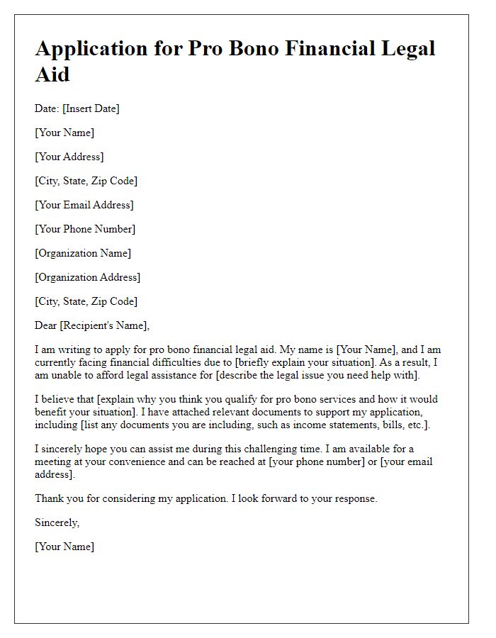 Letter template of application for pro bono financial legal aid