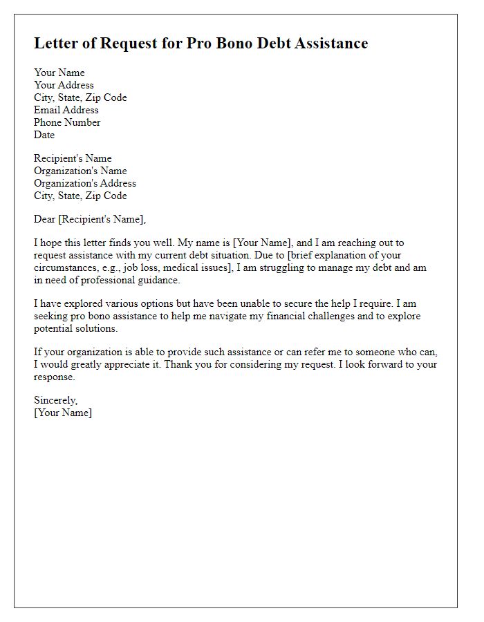 Letter template of request for pro bono debt assistance