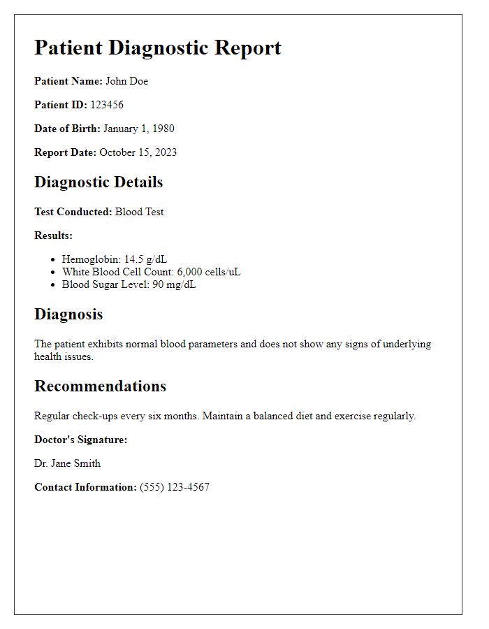 Letter template of patient diagnostic report details