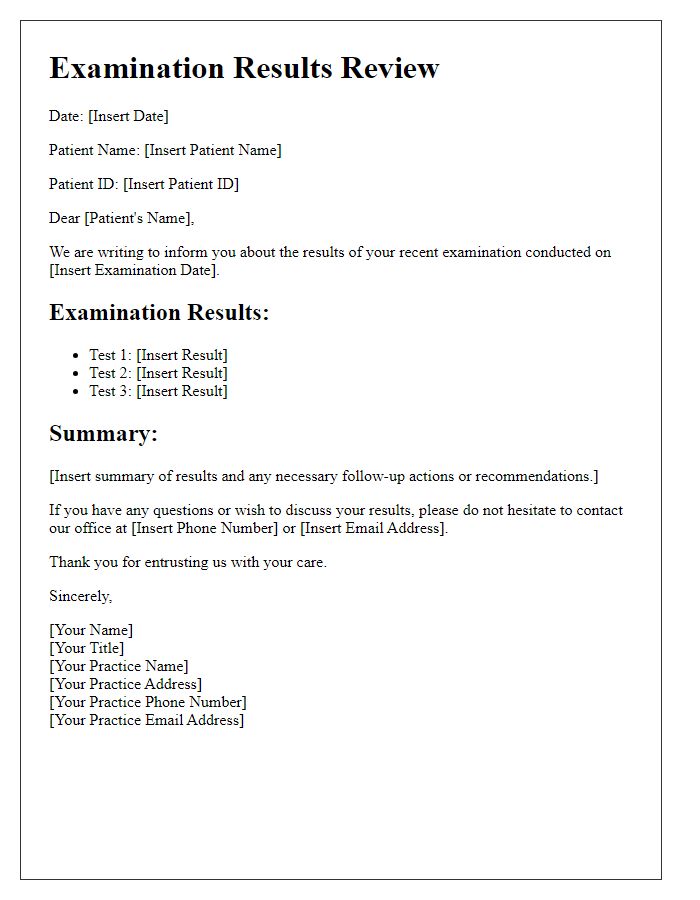 Letter template of patient examination results review