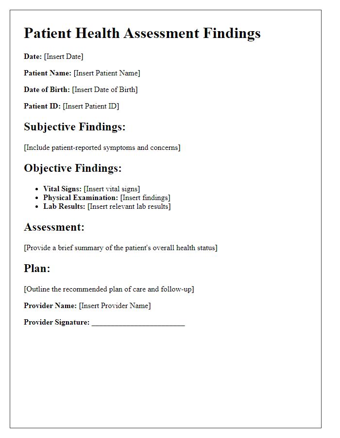 Letter template of patient health assessment findings