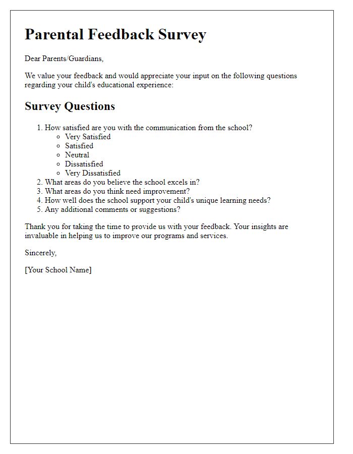 Letter template of parental feedback survey customized questions