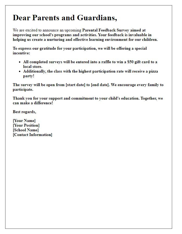 Letter template of parental feedback survey incentive announcement