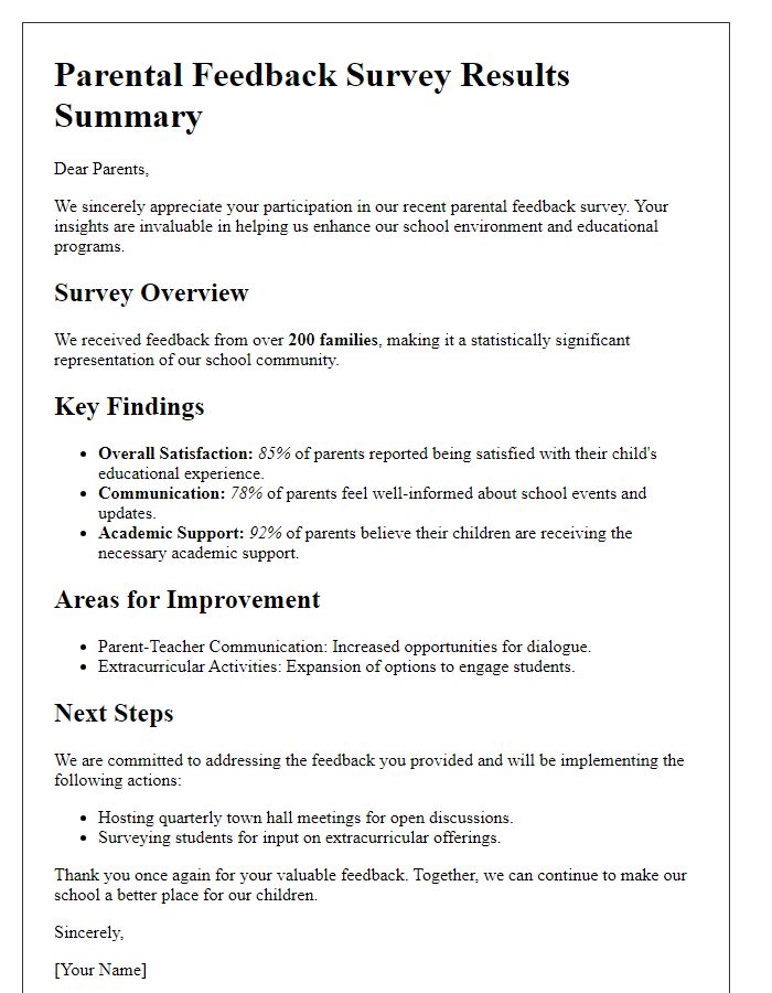 Letter template of parental feedback survey results summary