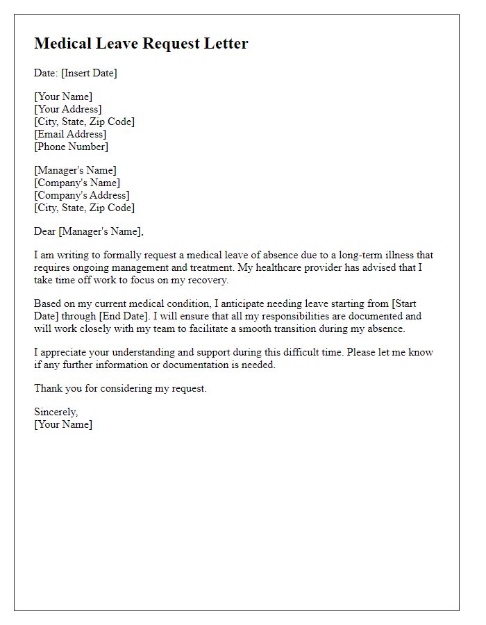 Letter template of medical leave request for long-term illness management.