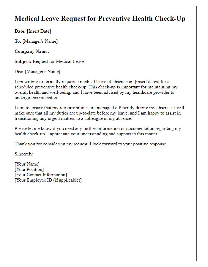 Letter template of medical leave request for preventive health check-up.