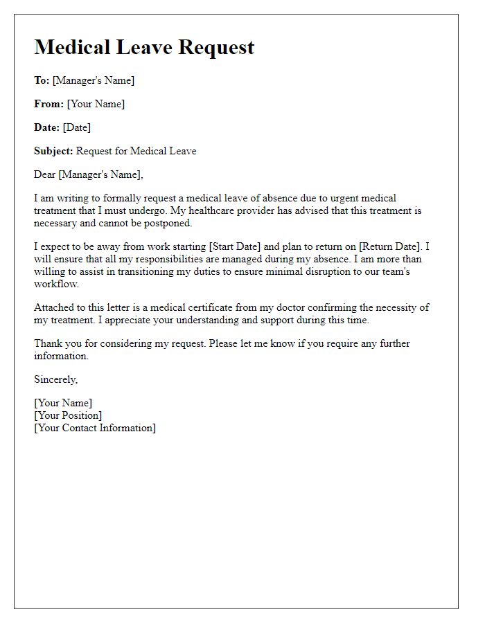 Letter template of medical leave request for urgent medical treatment.