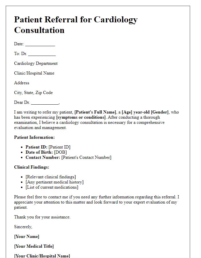 Letter template of patient referral for cardiology consultation