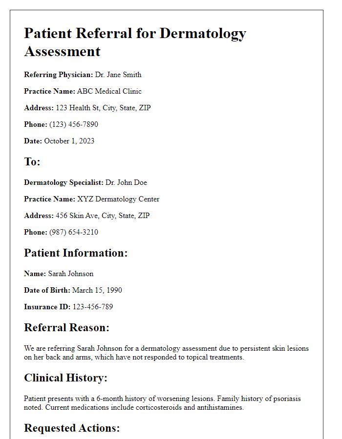 Letter template of patient referral for dermatology assessment