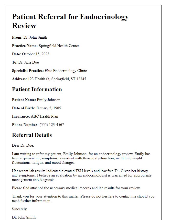 Letter template of patient referral for endocrinology review