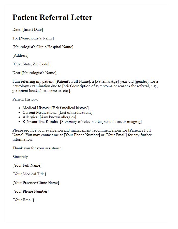 Letter template of patient referral for neurology examination