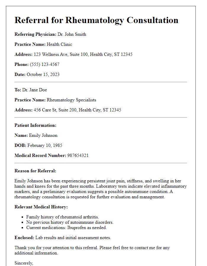 Letter template of patient referral for rheumatology consultation