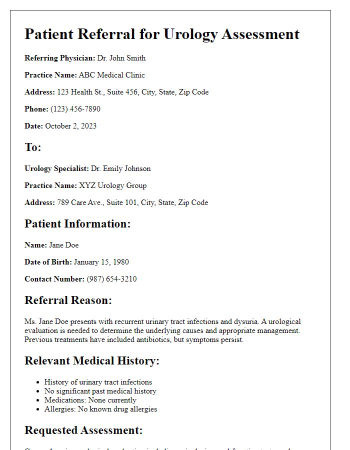 Letter template of patient referral for urology assessment