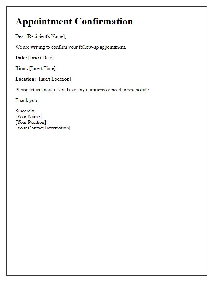 Letter template of follow-up appointment confirmation