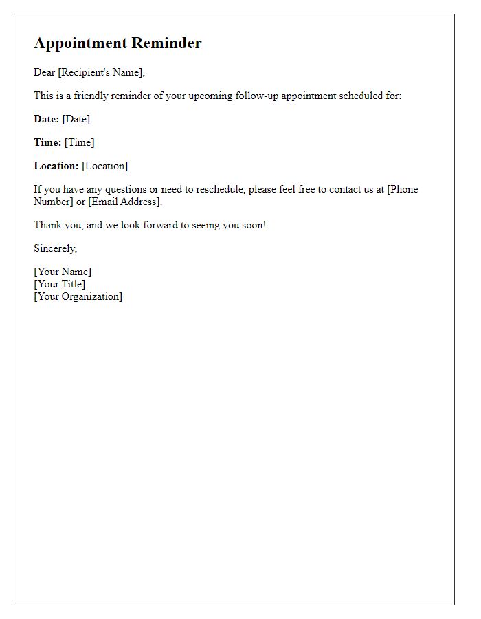 Letter template of reminder for upcoming follow-up appointment