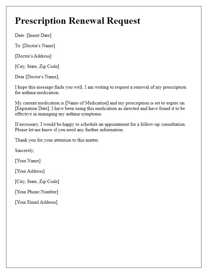 Letter template of prescription renewal request for asthma medication.