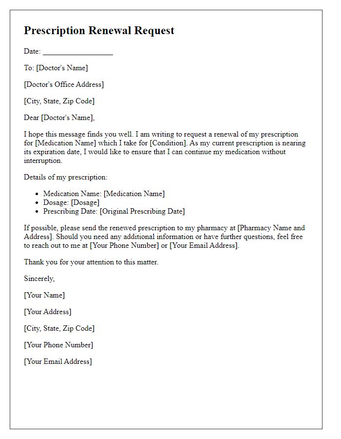 Letter template of prescription renewal request for chronic medication.