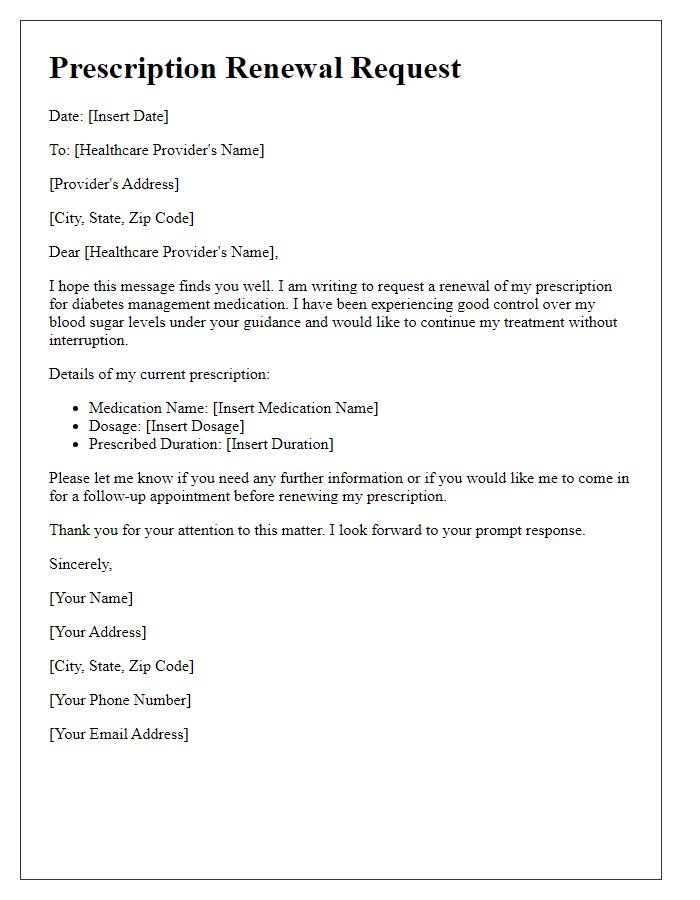 Letter template of prescription renewal request for diabetes management medication.