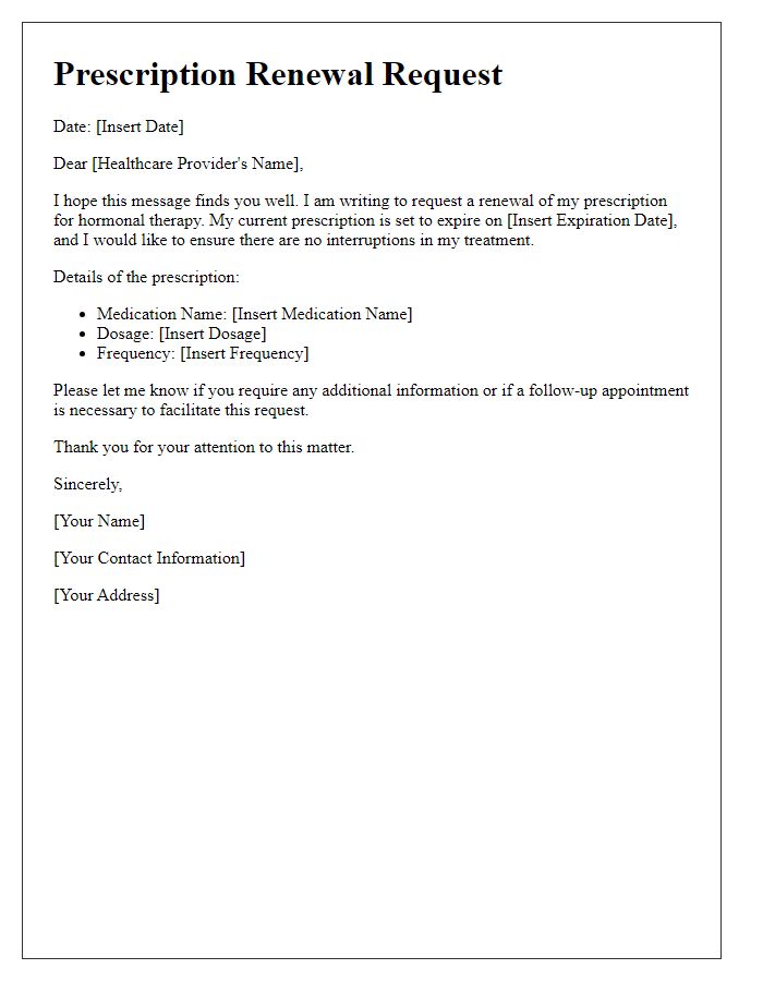 Letter template of prescription renewal request for hormonal therapy.