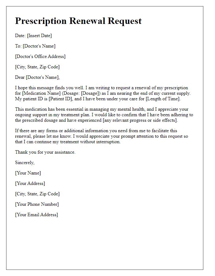 Letter template of prescription renewal request for mental health medication.