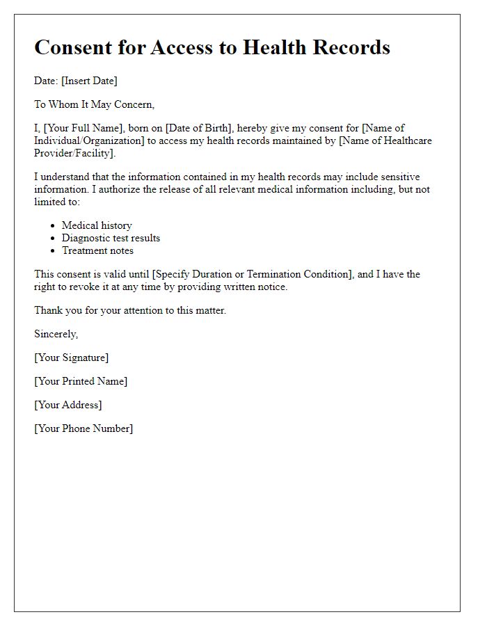Letter template of Consent for Access to Health Records