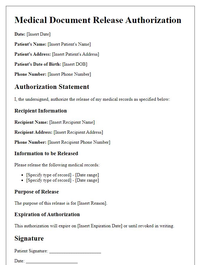 Letter template of Medical Document Release Authorization