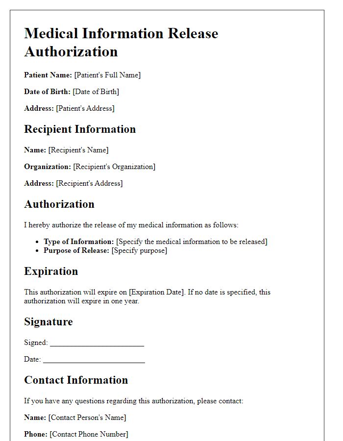 Letter template of Medical Information Release Authorization