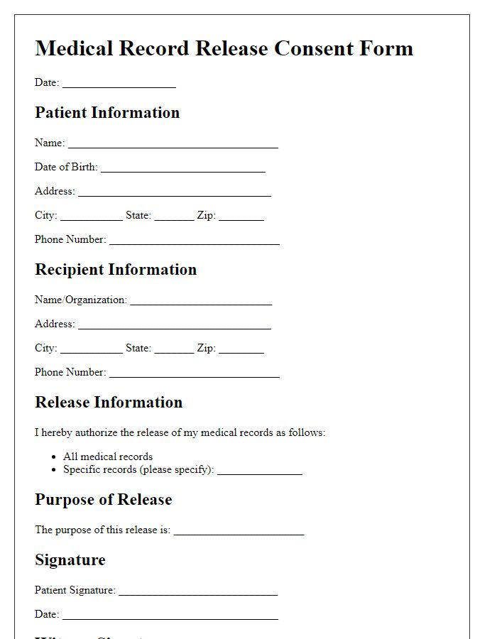 Letter template of Medical Record Release Consent Form