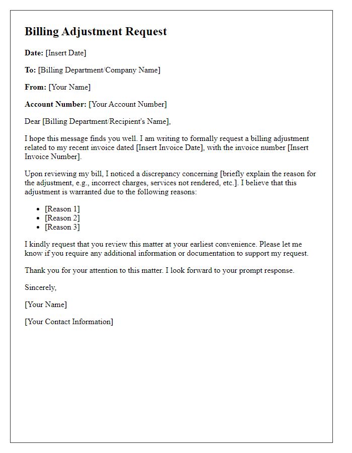 Letter template of billing adjustment request.