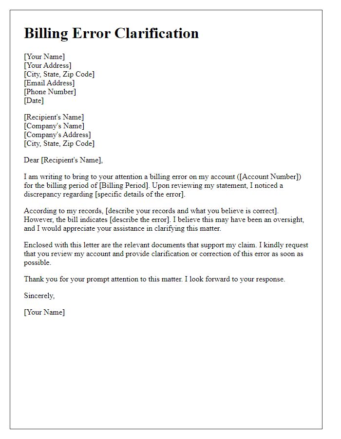 Letter template of billing error clarification.