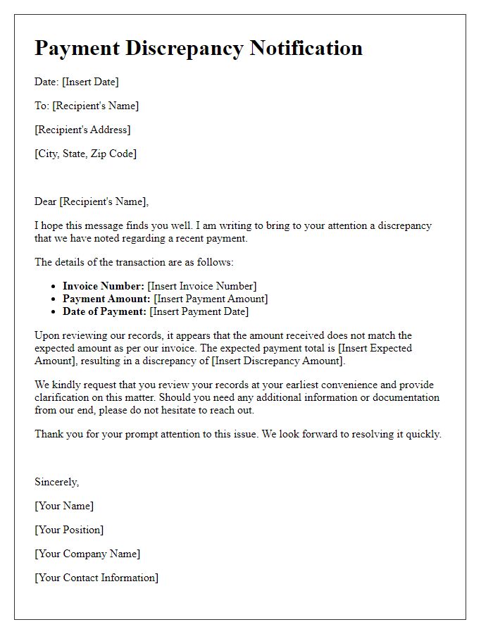 Letter template of payment discrepancy notification.