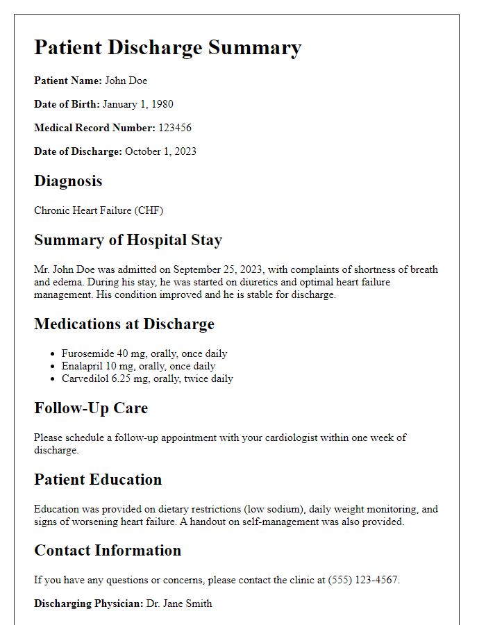 Letter template of patient discharge summary for chronic condition management.