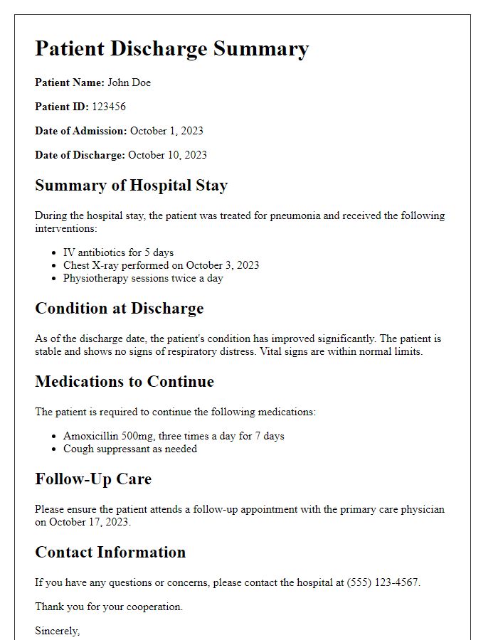 Letter template of patient discharge summary for family members.