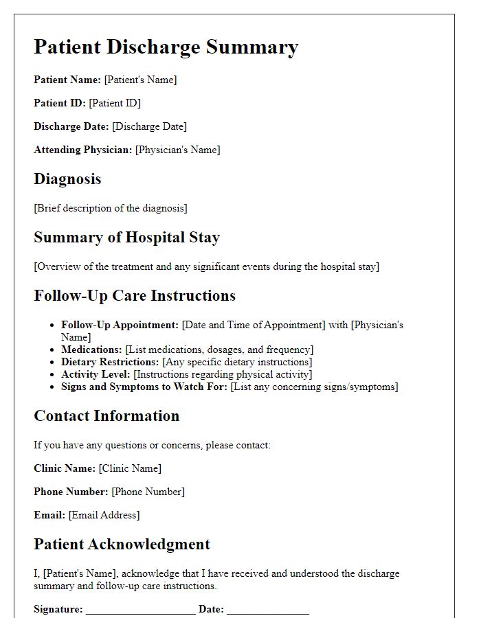 Letter template of patient discharge summary for follow-up care instructions.