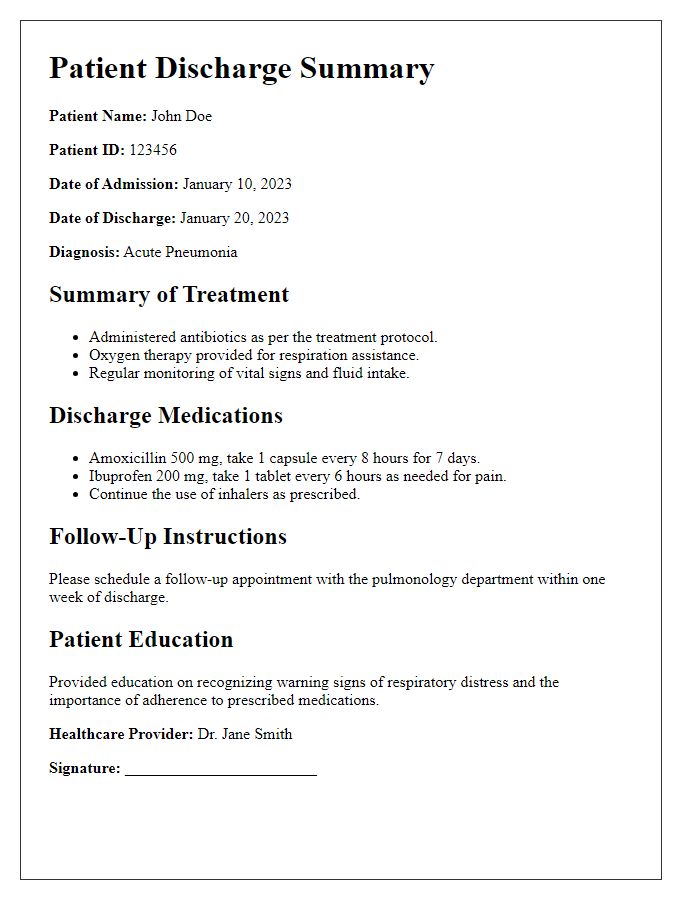 Letter template of patient discharge summary for healthcare providers.