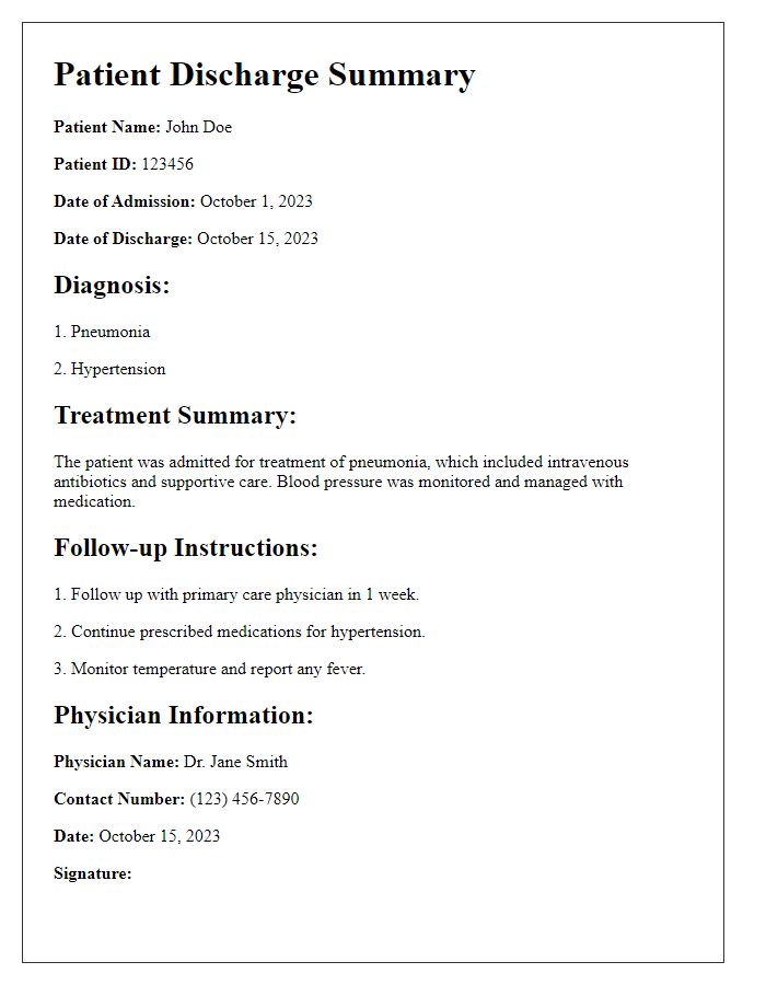 Letter template of patient discharge summary for insurance purposes.