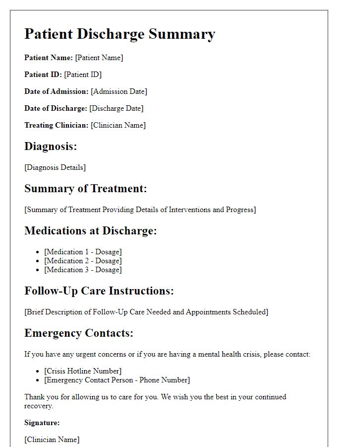 Letter template of patient discharge summary for mental health support.