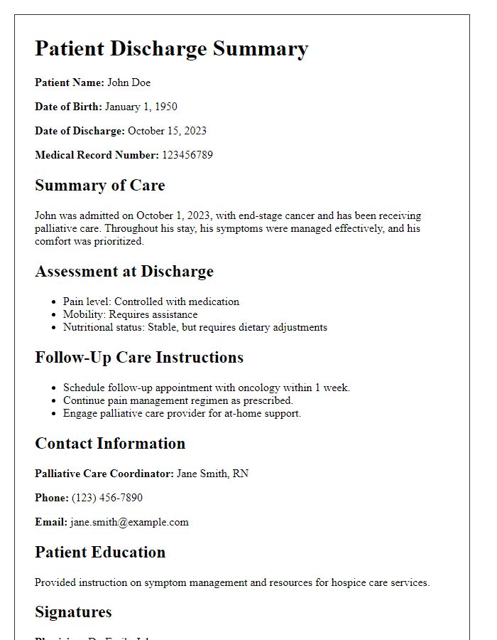 Letter template of patient discharge summary for palliative care coordination.