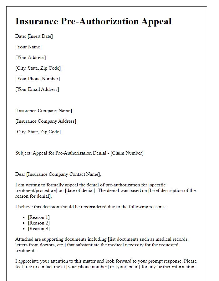 Letter template of insurance pre-authorization appeal for coverage