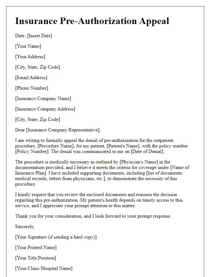 Letter template of insurance pre-authorization appeal for outpatient procedure