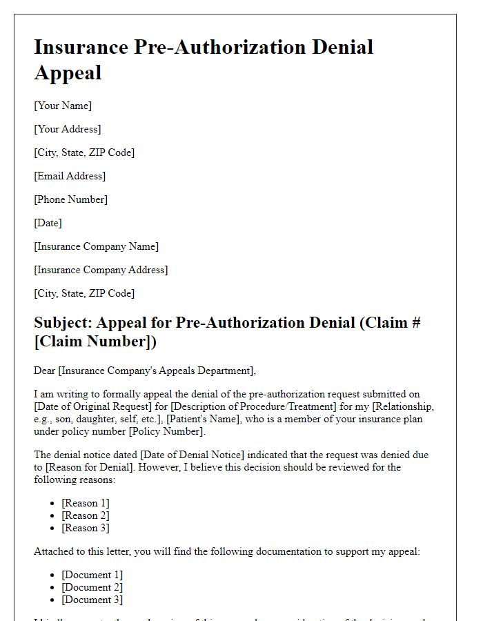 Letter template of insurance pre-authorization denial appeal