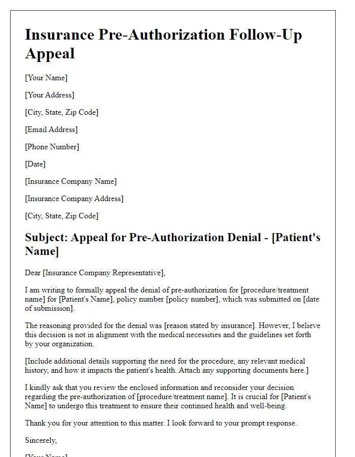 Letter template of insurance pre-authorization follow-up appeal